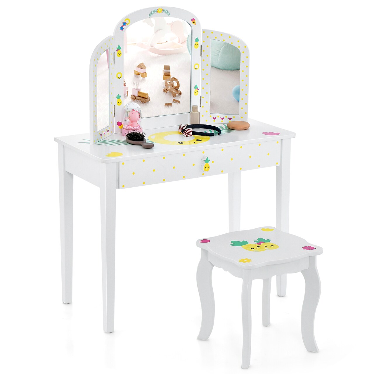 Girls Vanity Table and Chair Set with Tri Folding Mirror Storage Drawer White